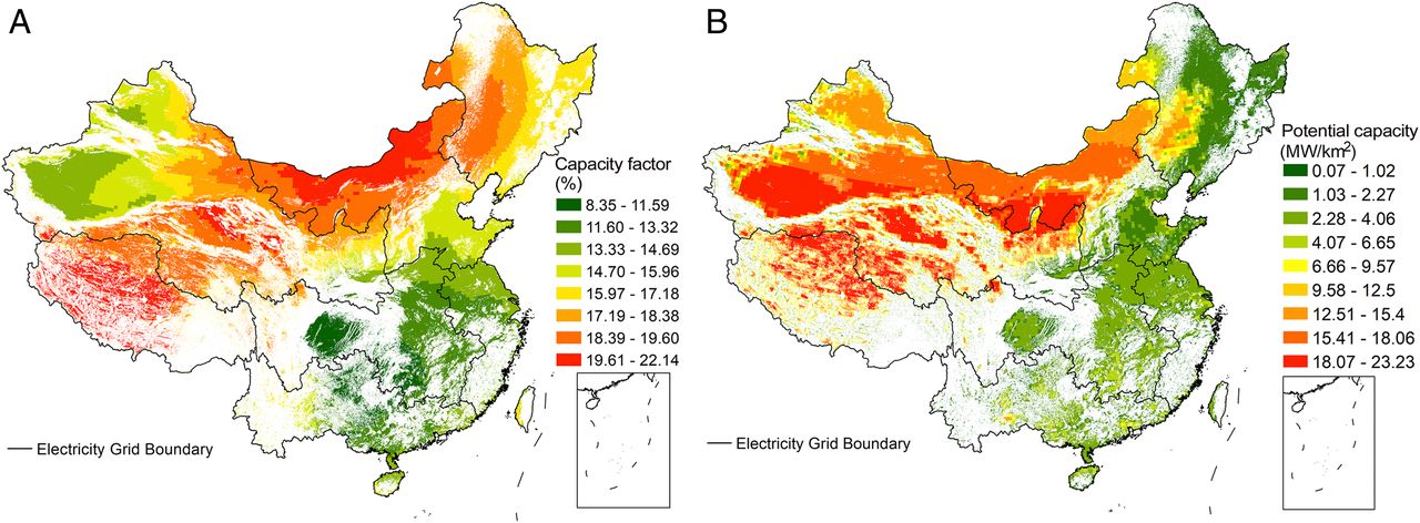 20211012-0033990威尼斯环境学院、碳中和研究院、哈佛大学等联合团队系统解析我国太阳能发电平价路径与并网潜力-鲁玺-图1 光伏发电容量因子（A）及装机潜力（B）分布.jpg